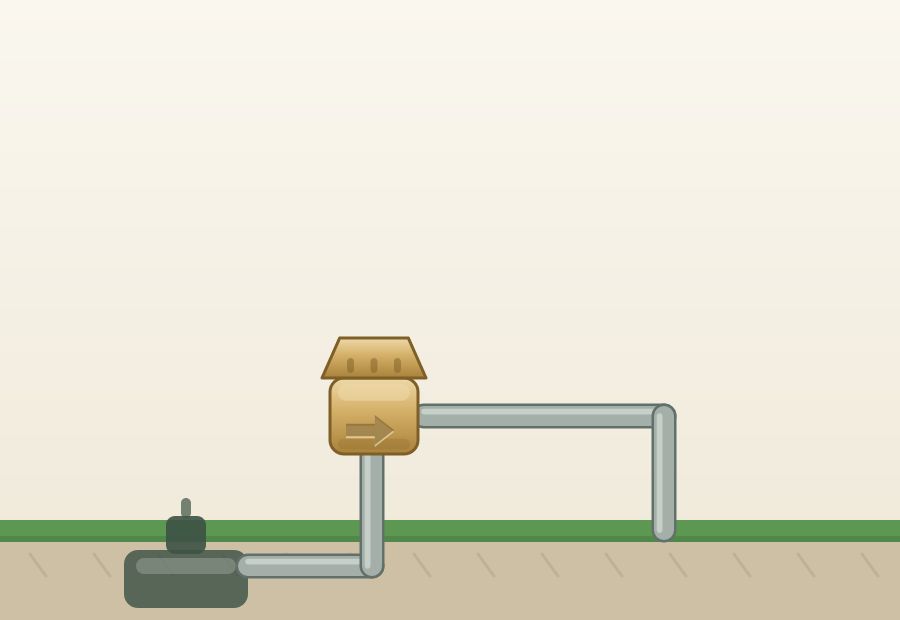 Atmospheric vacuum breaker: a small body with a vented hood on top, sitting on a short riser downstream of an in-ground zone valve. It is drawn to the same scale as the other three devices and is visibly the smallest, with no test cocks and no shut-off handles anywhere on it.