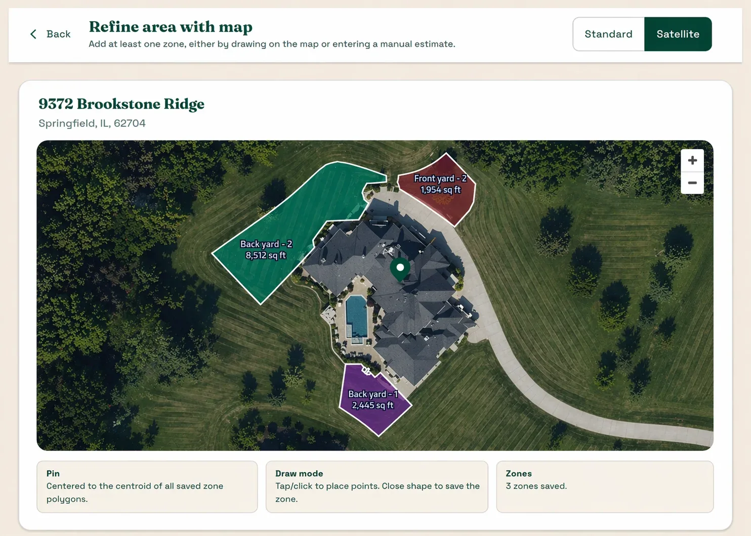 YardLedger map showing three named lawn zones with calculated areas in square feet