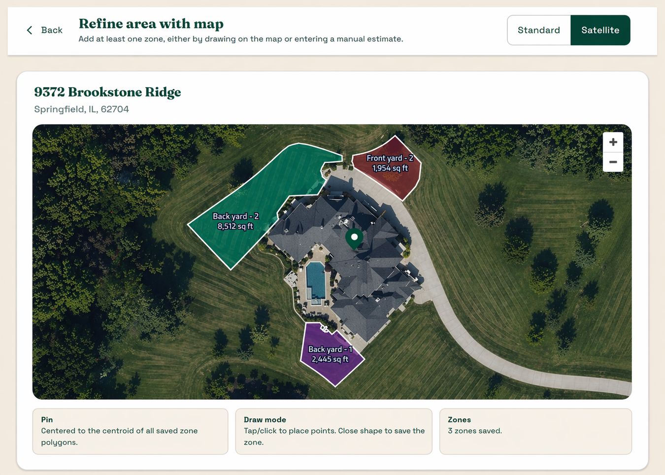 Aerial satellite view of a property with three color-coded lawn zones drawn on the map, showing calculated area in square feet